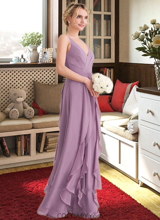 Seraphina A-Line V-neck Floor-Length Chiffon Bridesmaid Dress With Cascading Ruffles DA8P0013261