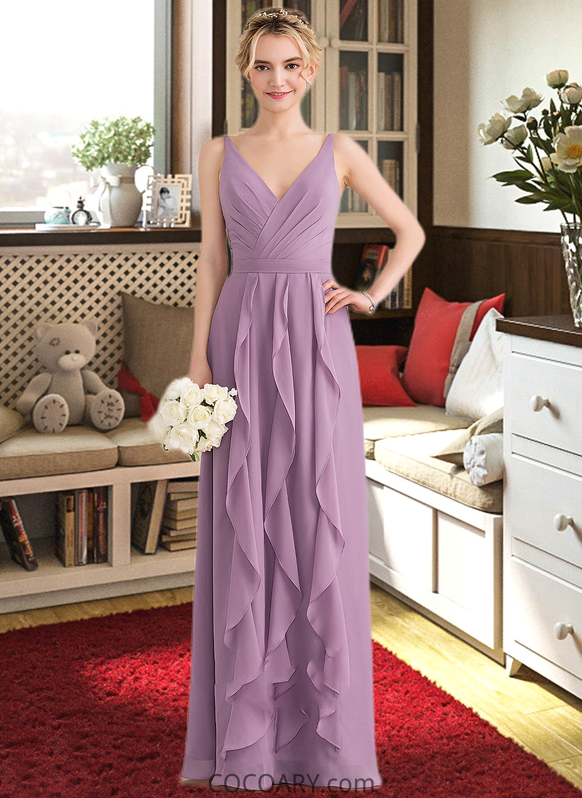 Seraphina A-Line V-neck Floor-Length Chiffon Bridesmaid Dress With Cascading Ruffles DA8P0013261