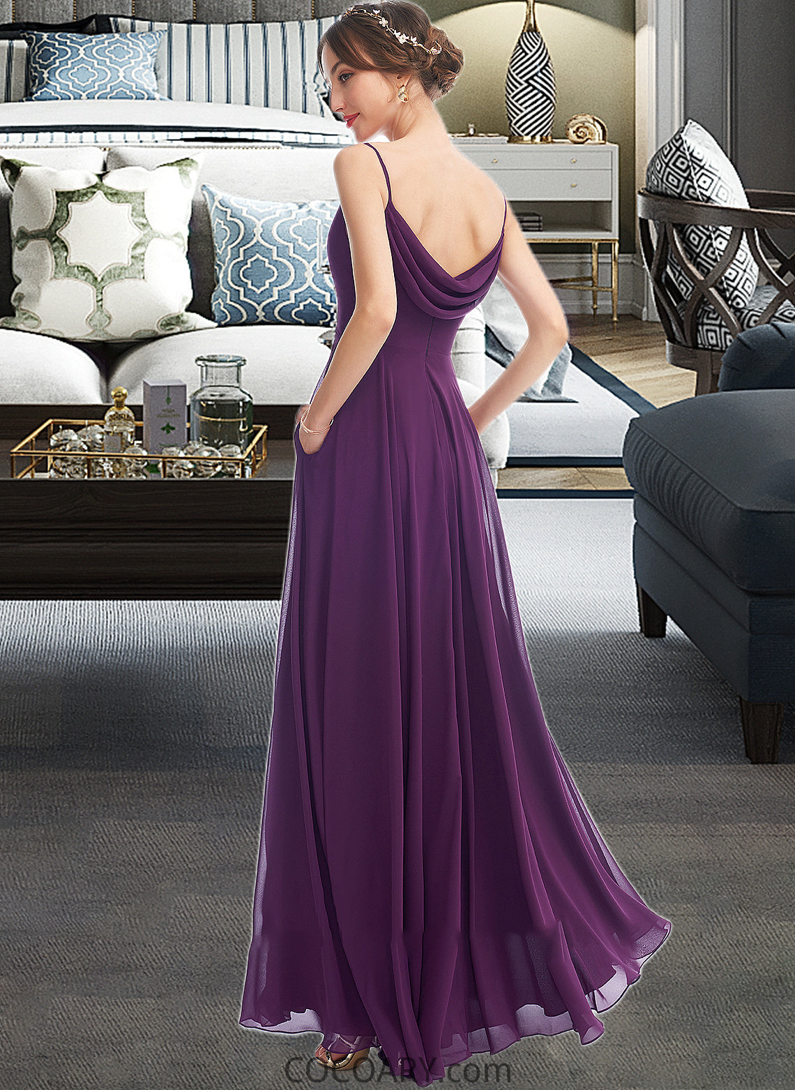 Alia A-Line V-neck Floor-Length Bridesmaid Dress With Pockets DA8P0013263