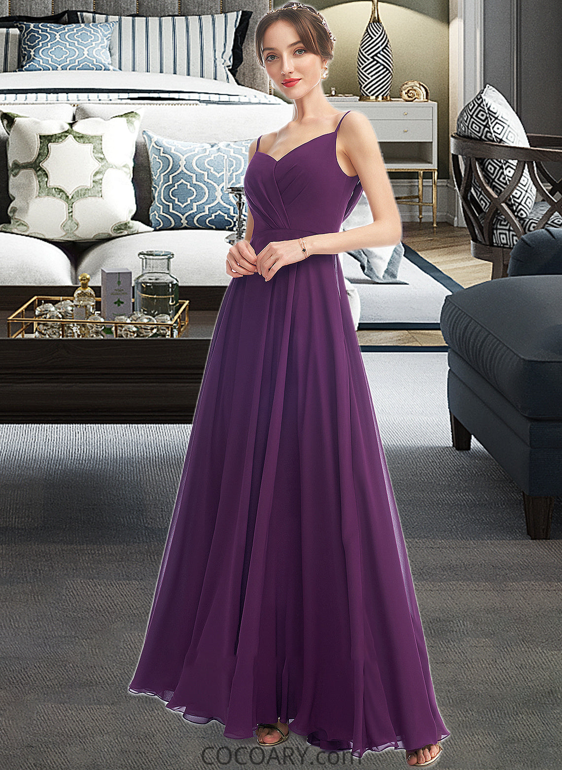 Alia A-Line V-neck Floor-Length Bridesmaid Dress With Pockets DA8P0013263