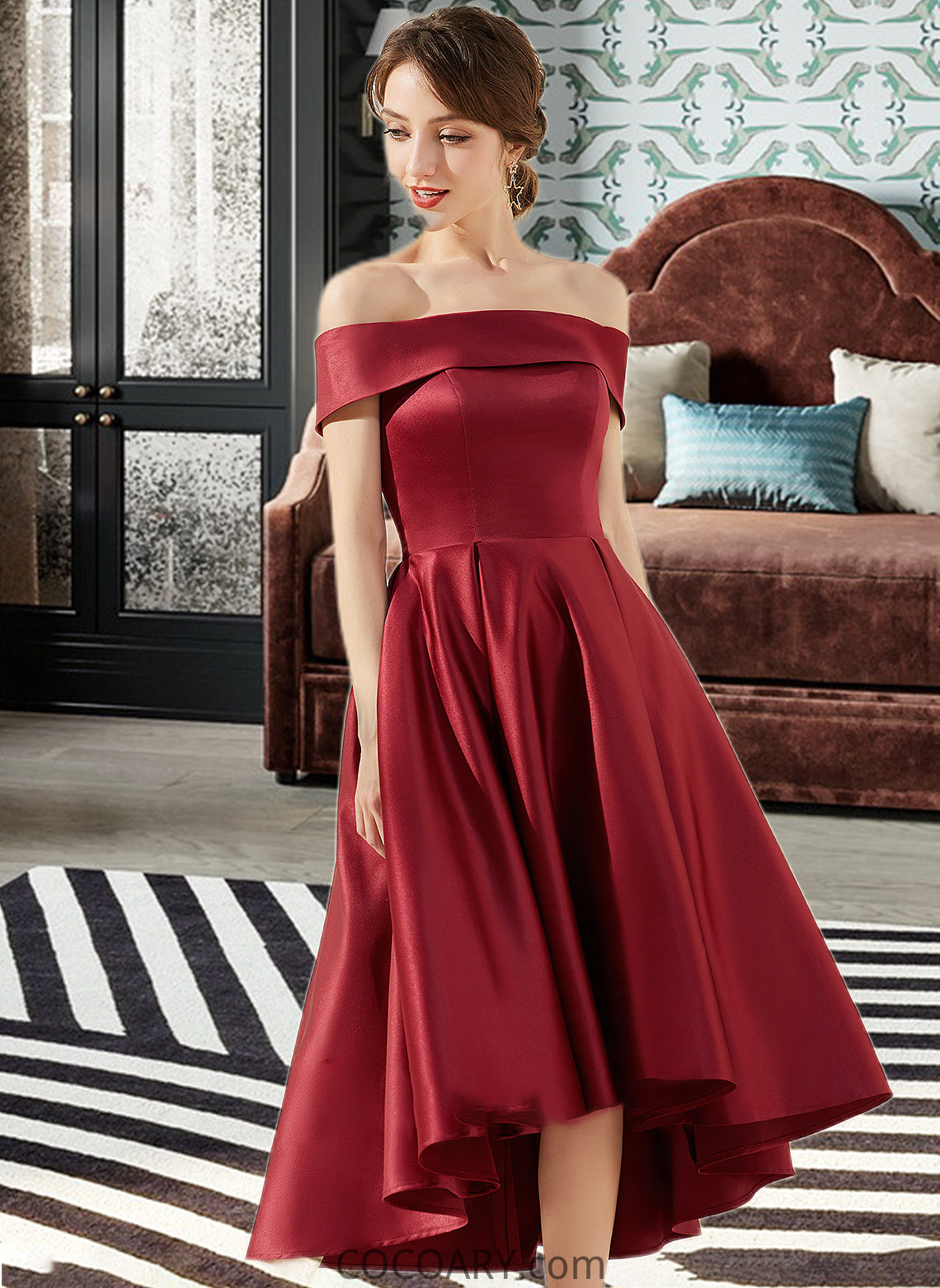 Carlee A-Line Off-the-Shoulder Asymmetrical Satin Bridesmaid Dress With Pockets DA8P0013264