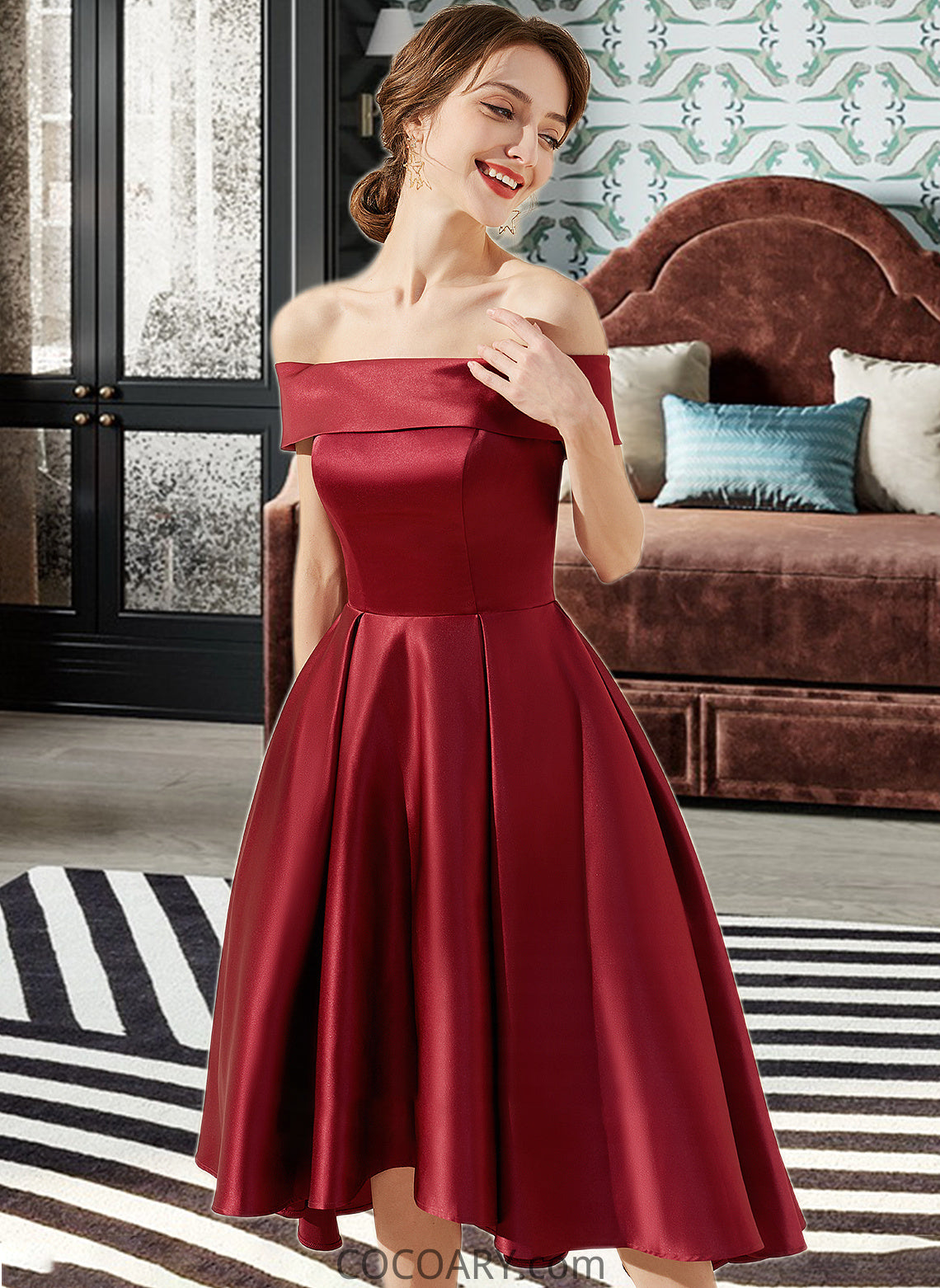 Carlee A-Line Off-the-Shoulder Asymmetrical Satin Bridesmaid Dress With Pockets DA8P0013264