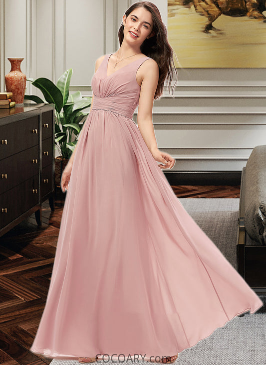 Sabrina A-Line V-neck Floor-Length Chiffon Bridesmaid Dress With Ruffle DA8P0013266