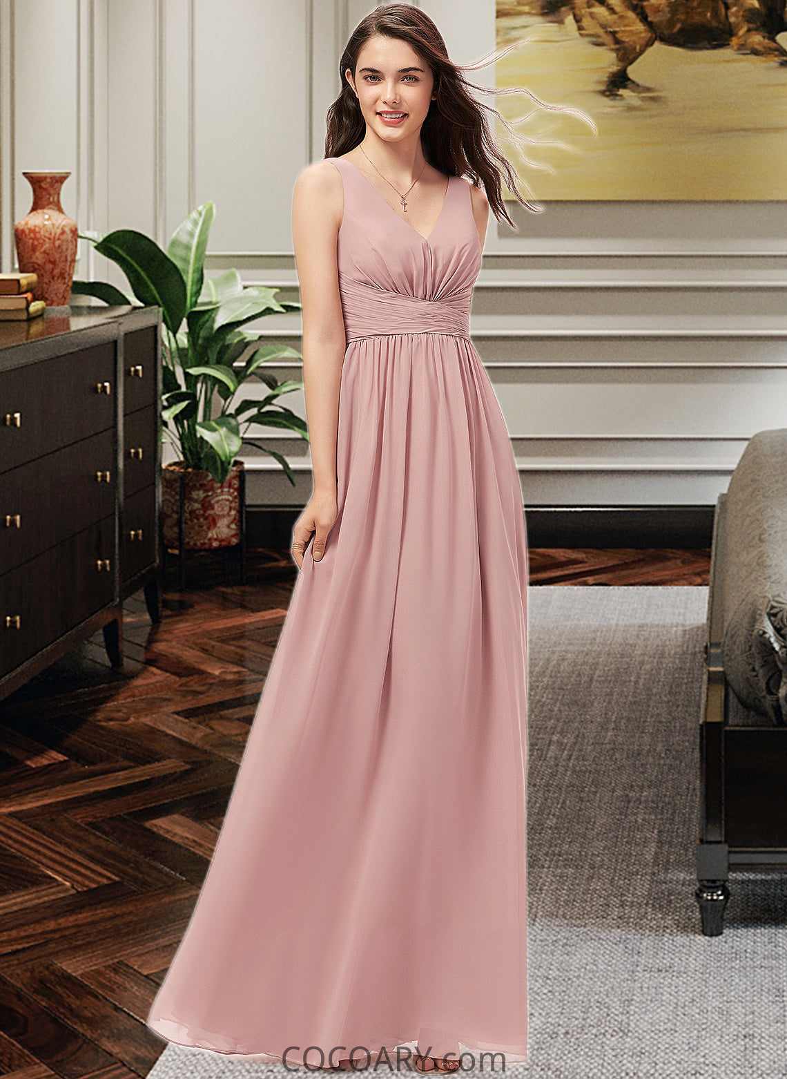 Sabrina A-Line V-neck Floor-Length Chiffon Bridesmaid Dress With Ruffle DA8P0013266