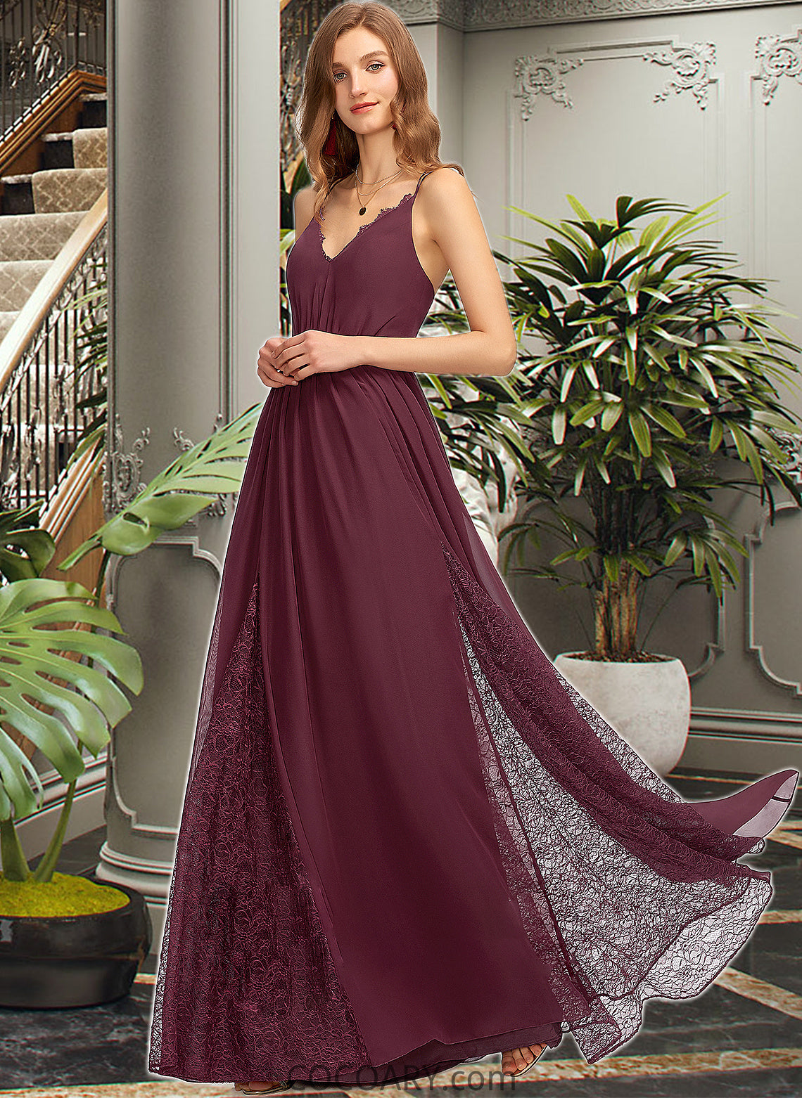 Aaliyah A-Line V-neck Floor-Length Chiffon Lace Bridesmaid Dress DA8P0013268