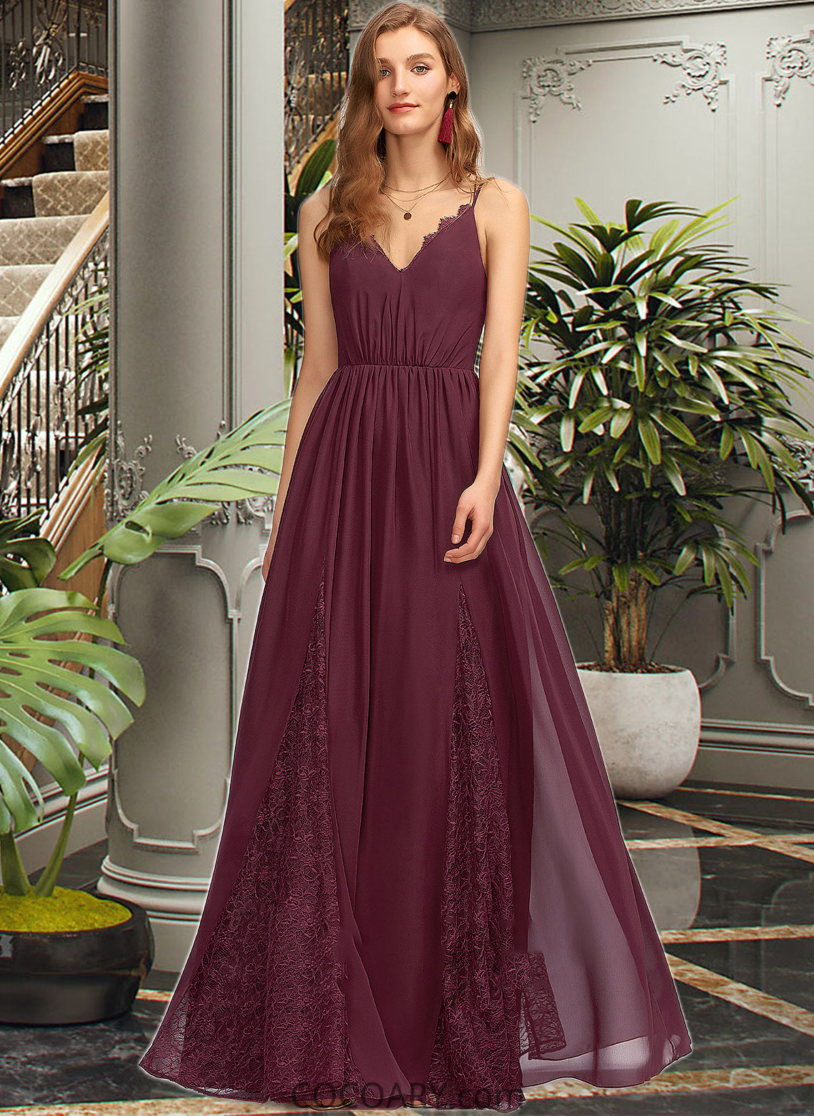 Aaliyah A-Line V-neck Floor-Length Chiffon Lace Bridesmaid Dress DA8P0013268