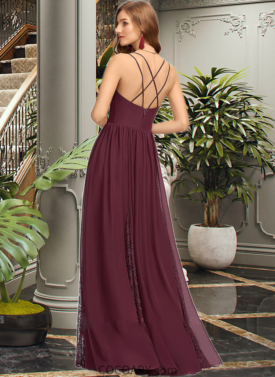 Aaliyah A-Line V-neck Floor-Length Chiffon Lace Bridesmaid Dress DA8P0013268