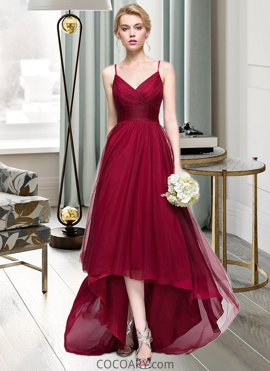 Halle A-Line V-neck Asymmetrical Tulle Bridesmaid Dress DA8P0013270