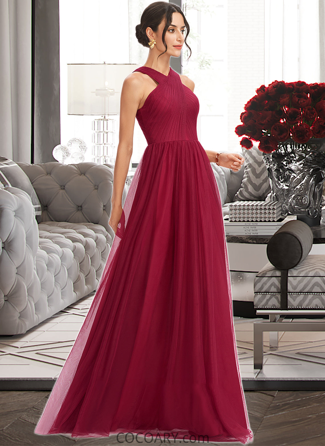 Ariella A-Line Halter Floor-Length Bridesmaid Dress With Ruffle DA8P0013274