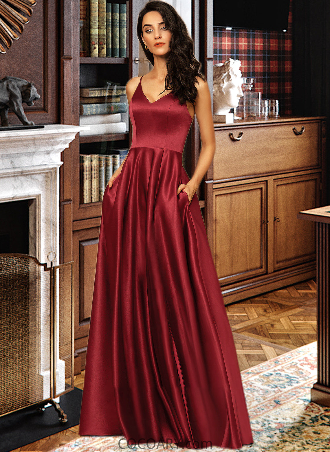 Faith A-Line V-neck Floor-Length Satin Bridesmaid Dress With Pockets DA8P0013279