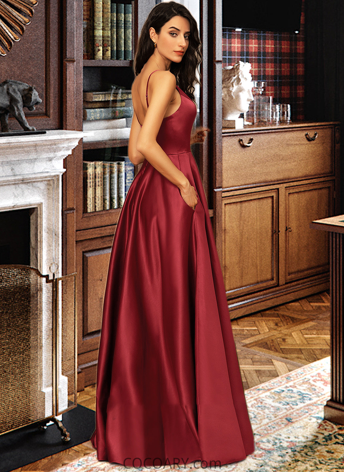 Faith A-Line V-neck Floor-Length Satin Bridesmaid Dress With Pockets DA8P0013279