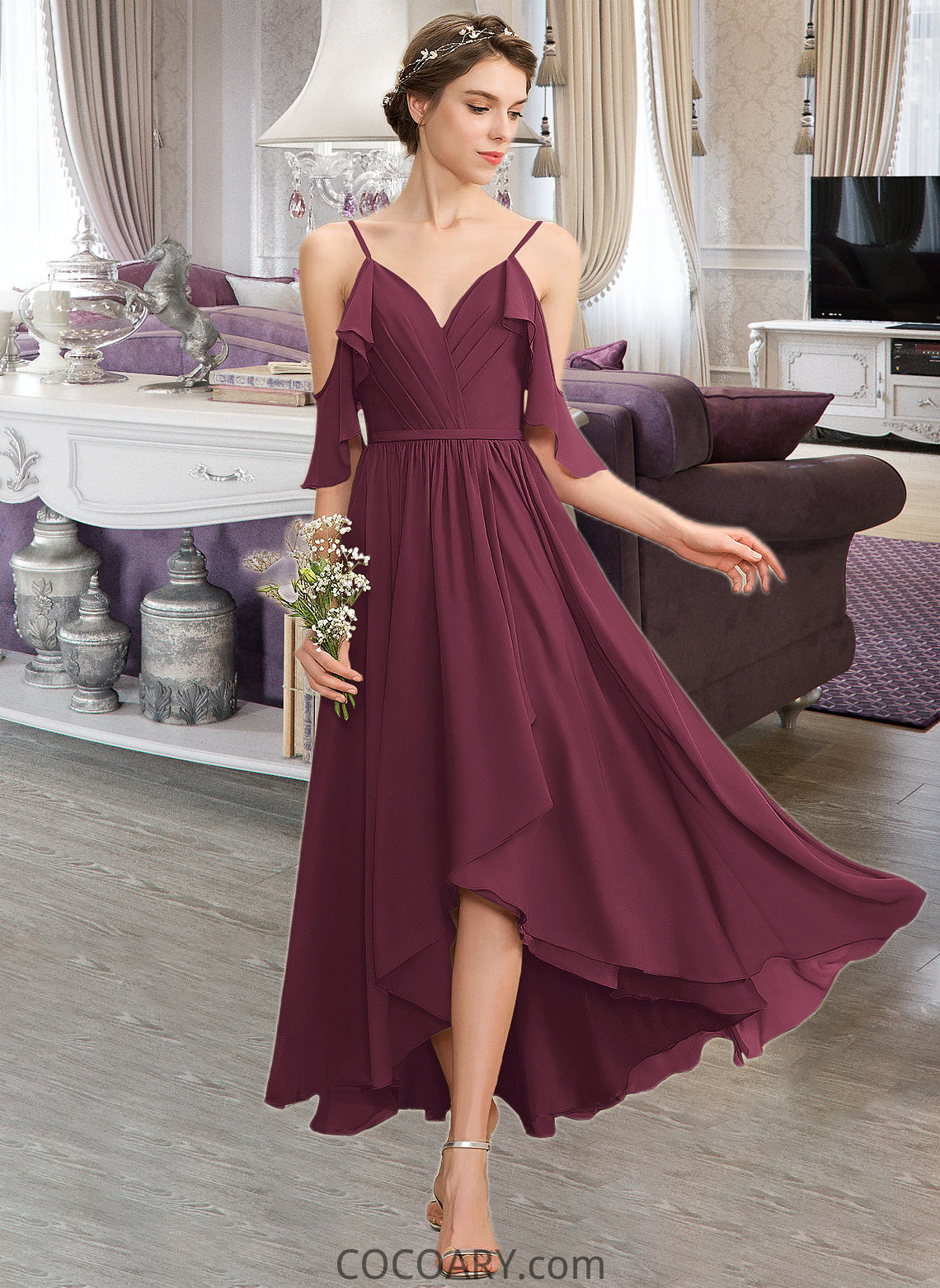 Savanna A-Line V-neck Asymmetrical Chiffon Bridesmaid Dress With Cascading Ruffles DA8P0013280