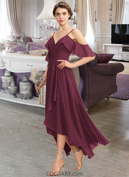 Savanna A-Line V-neck Asymmetrical Chiffon Bridesmaid Dress With Cascading Ruffles DA8P0013280