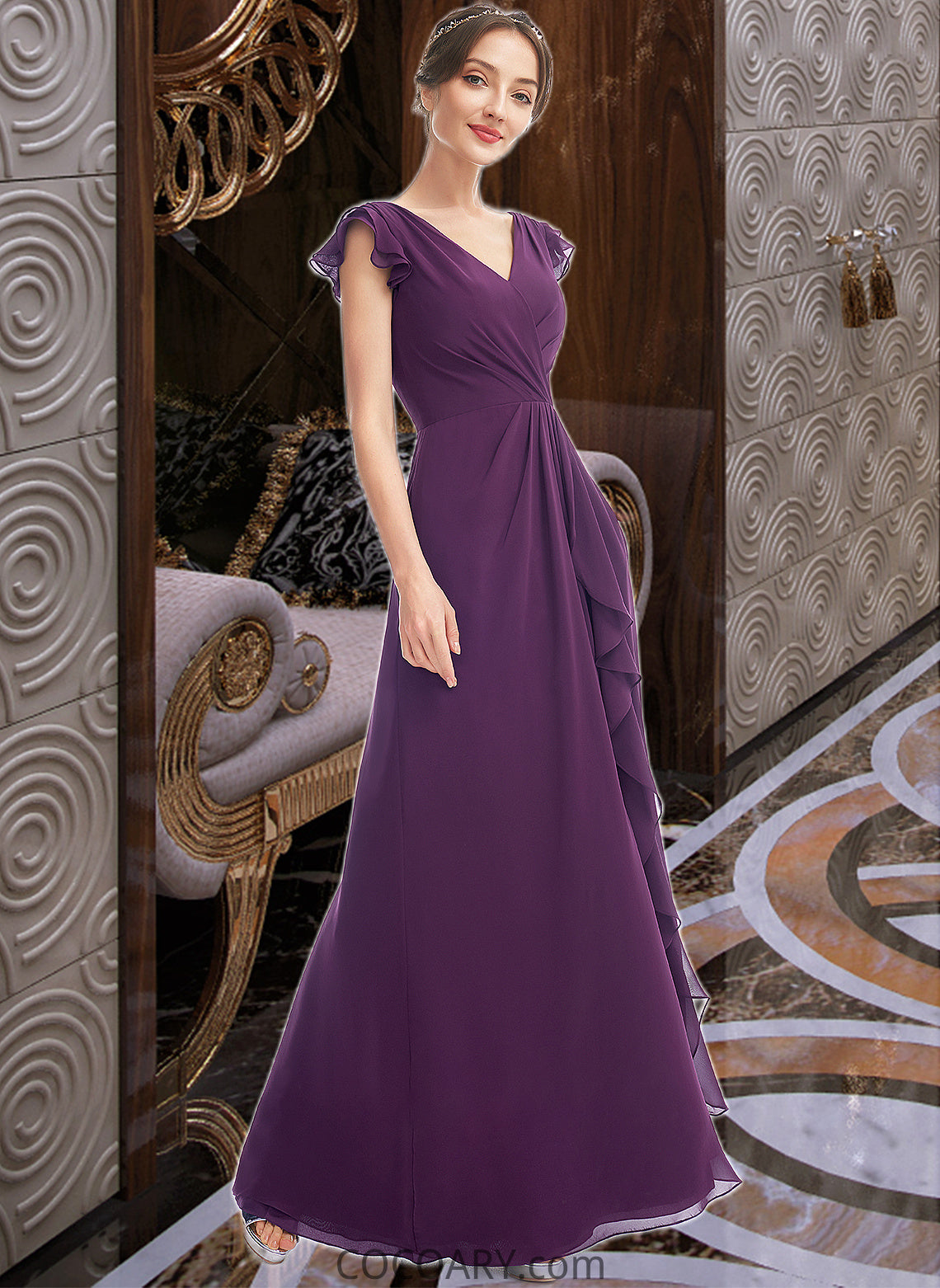 Heidy A-Line V-neck Floor-Length Bridesmaid Dress With Ruffle Pockets DA8P0013285