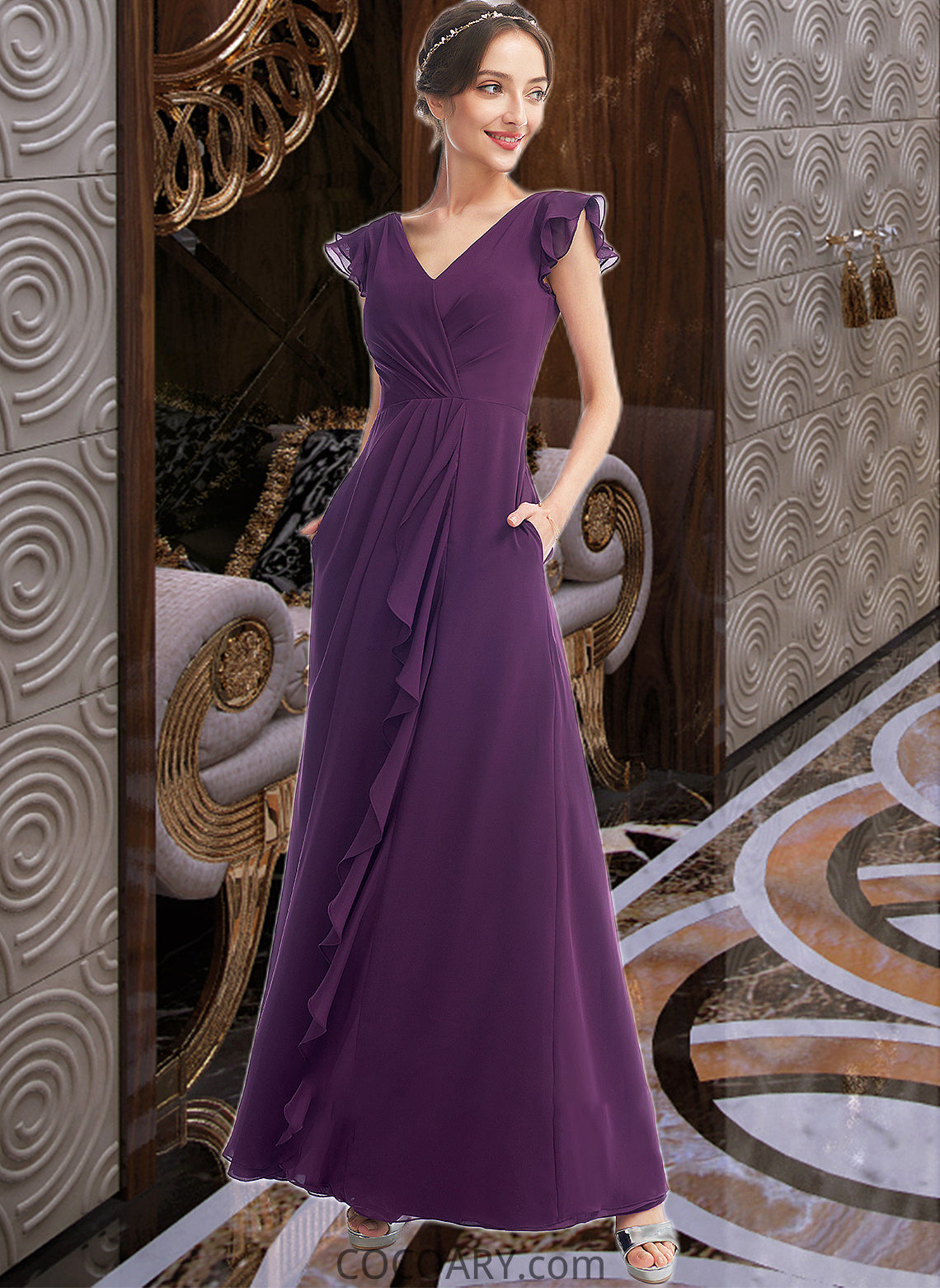 Heidy A-Line V-neck Floor-Length Bridesmaid Dress With Ruffle Pockets DA8P0013285