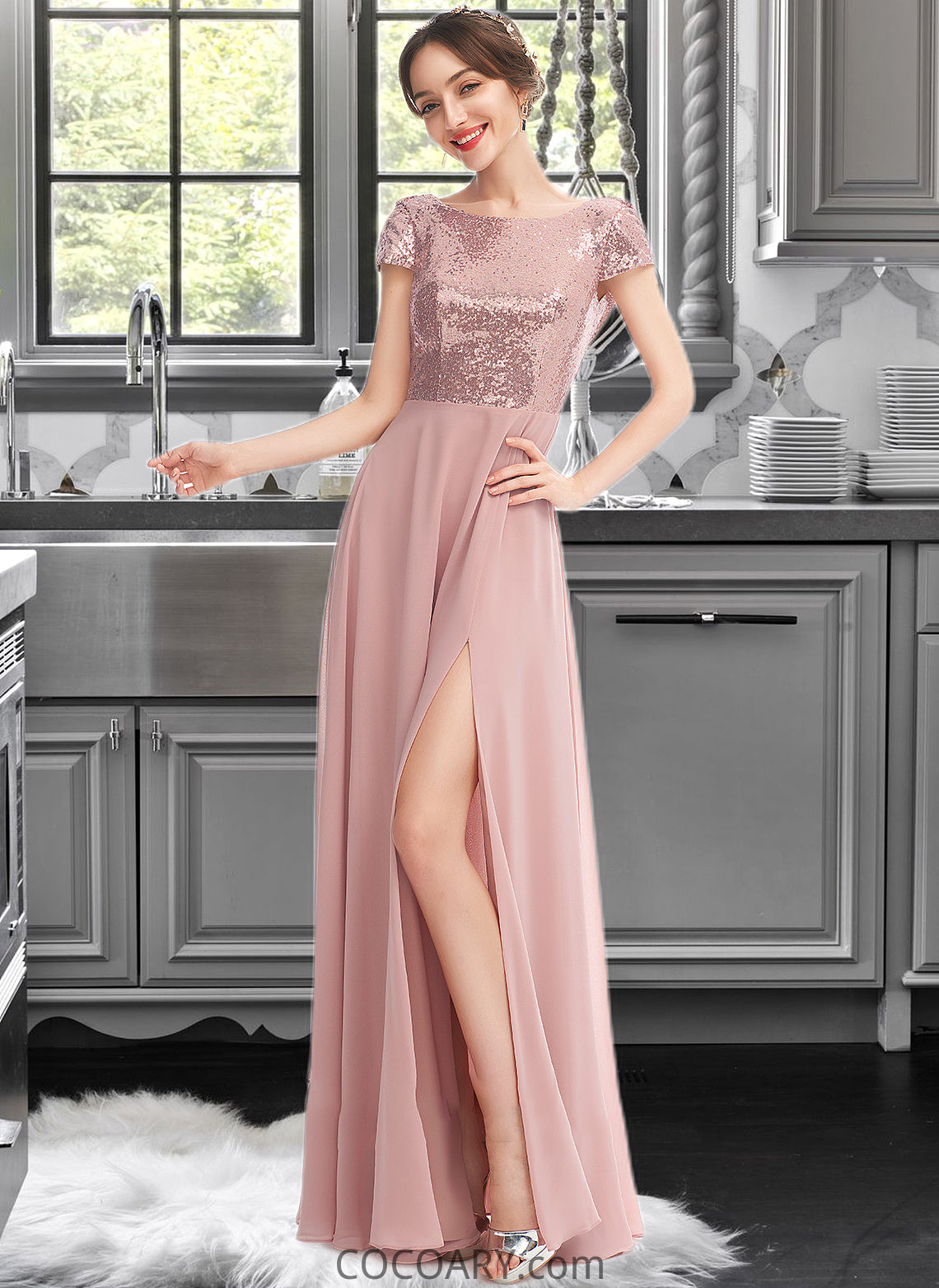 Susie A-Line Scoop Neck Floor-Length Bridesmaid Dress With Sequins Split Front DA8P0013286