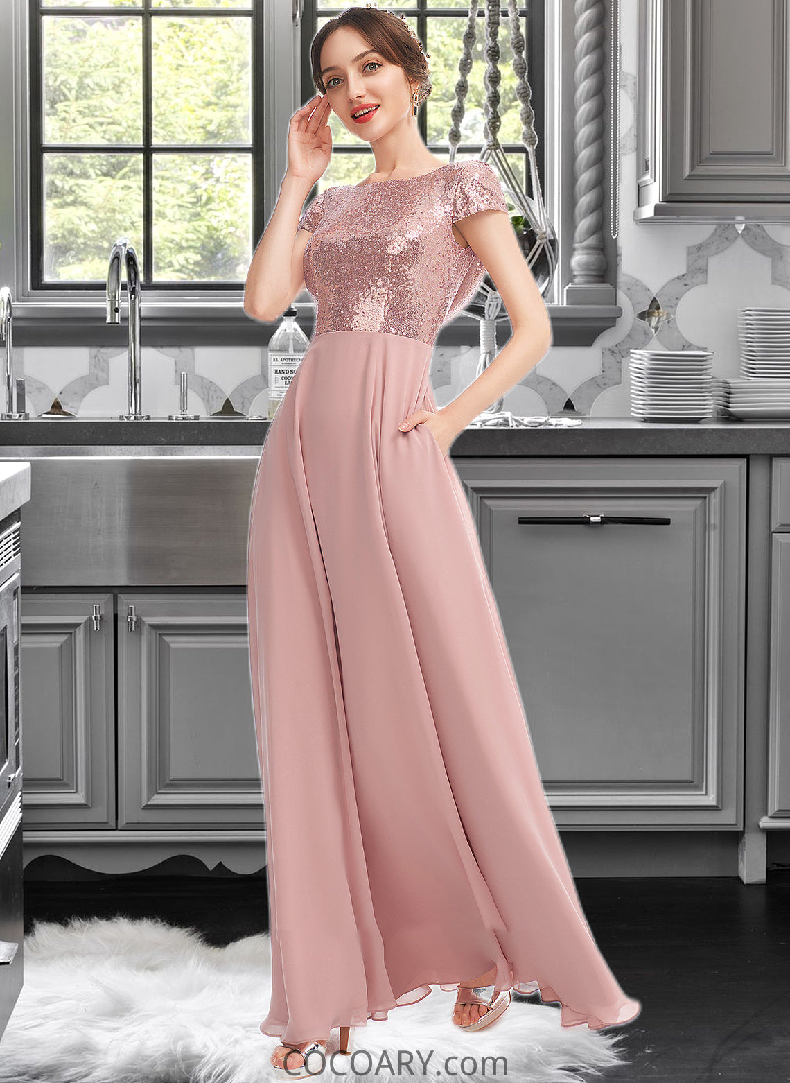 Susie A-Line Scoop Neck Floor-Length Bridesmaid Dress With Sequins Split Front DA8P0013286