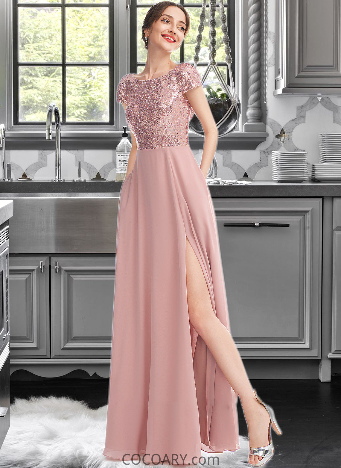 Susie A-Line Scoop Neck Floor-Length Bridesmaid Dress With Sequins Split Front DA8P0013286