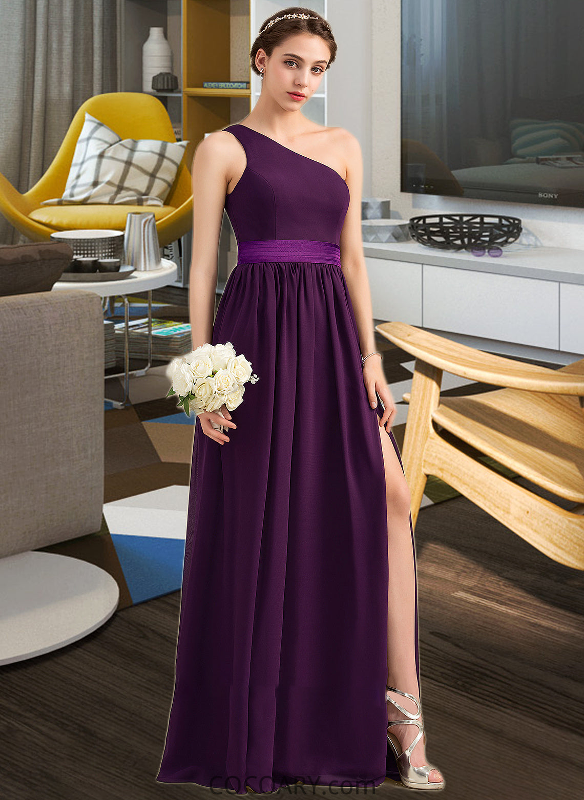 Halle A-Line/Princess One-Shoulder Floor-Length Chiffon Charmeuse Bridesmaid Dress With Ruffle Split Front DA8P0013288