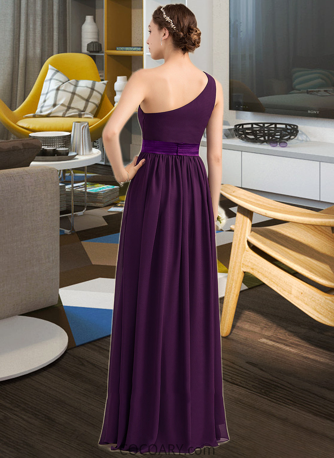 Halle A-Line/Princess One-Shoulder Floor-Length Chiffon Charmeuse Bridesmaid Dress With Ruffle Split Front DA8P0013288