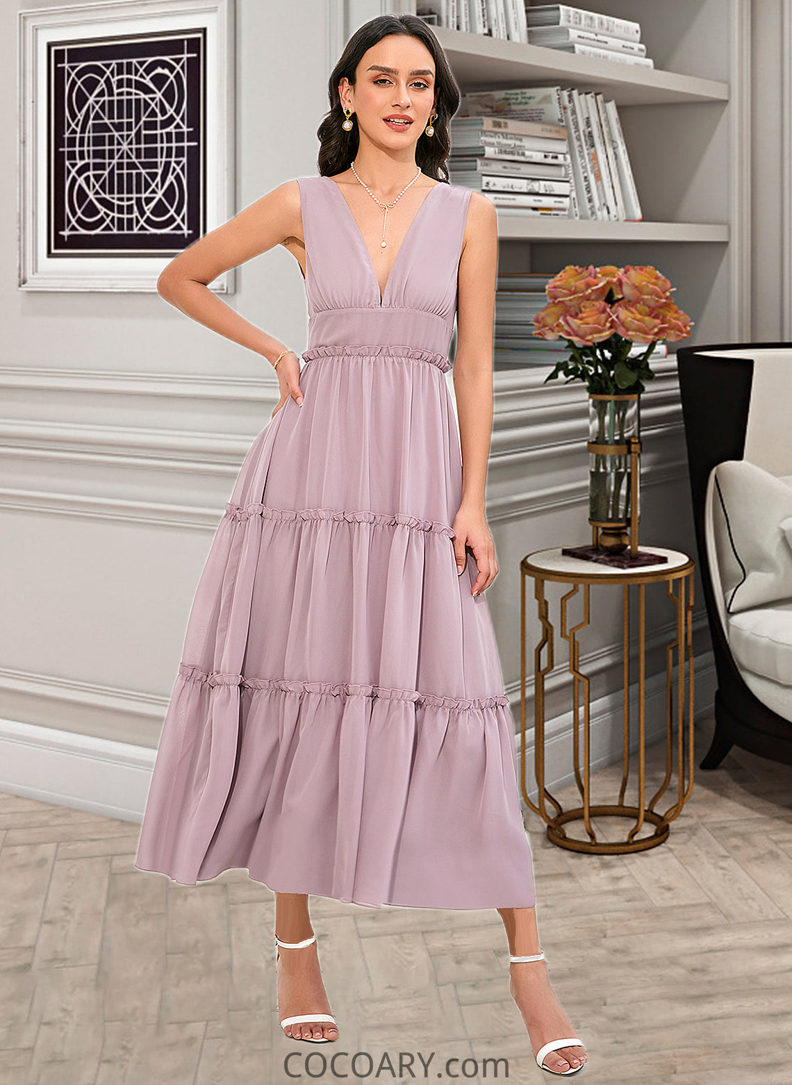 Jazlynn A-LineV-neckTea-LengthBridesmaidDress#273655 DA8P0013290