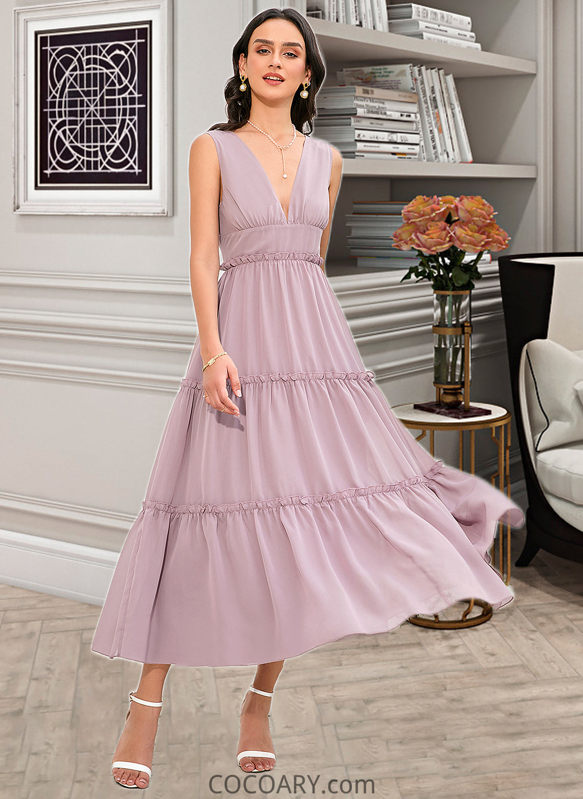 Jazlynn A-LineV-neckTea-LengthBridesmaidDress#273655 DA8P0013290