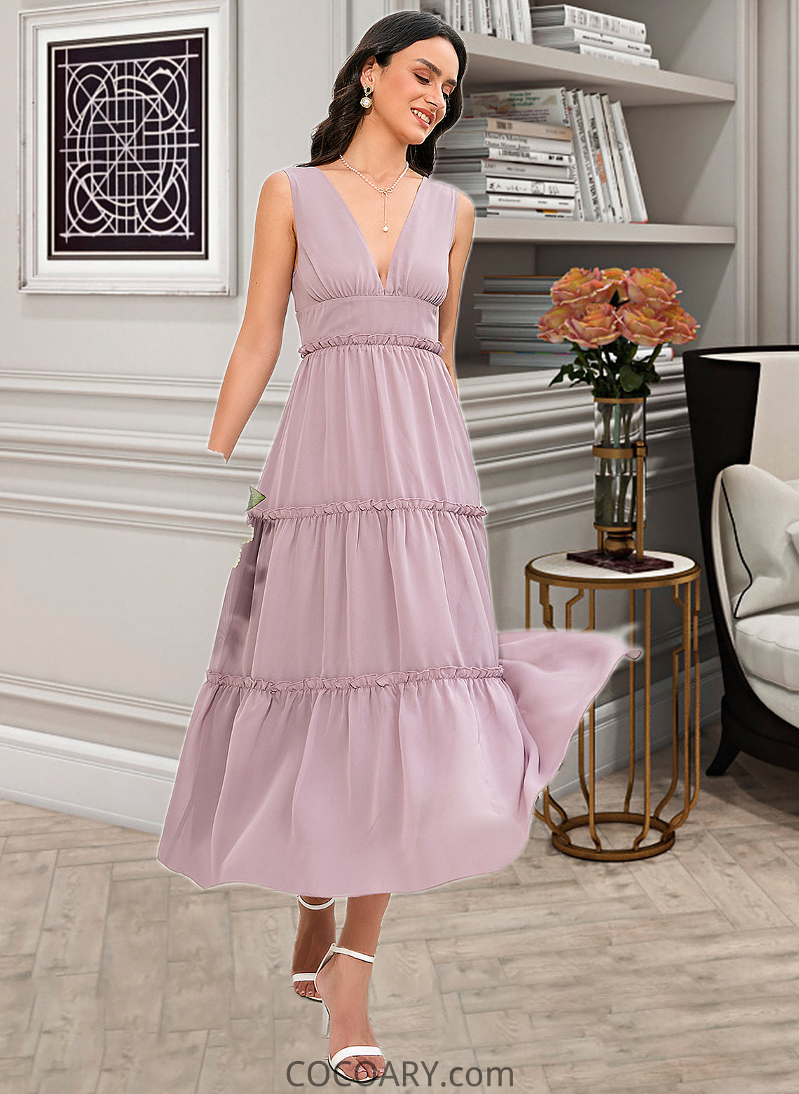 Jazlynn A-LineV-neckTea-LengthBridesmaidDress#273655 DA8P0013290