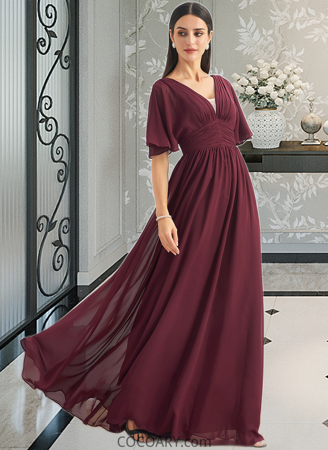 Mara A-Line V-neck Floor-Length Bridesmaid Dress With Ruffle DA8P0013292