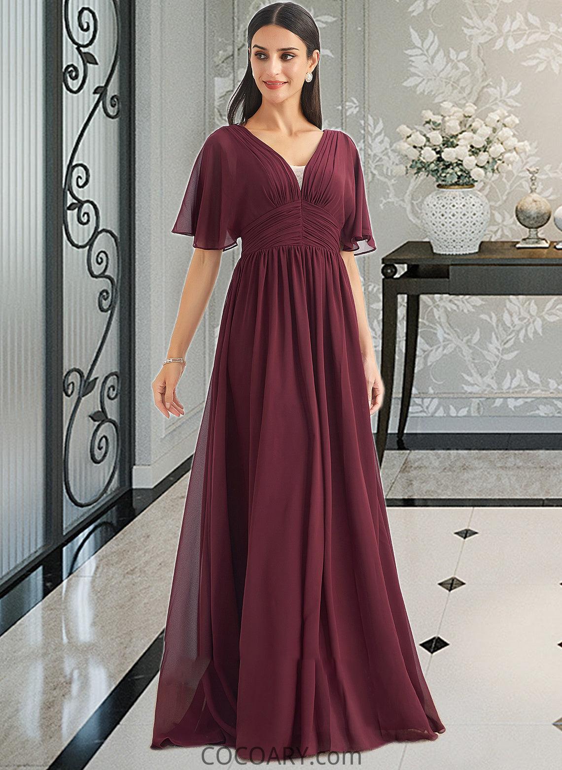 Mara A-Line V-neck Floor-Length Bridesmaid Dress With Ruffle DA8P0013292