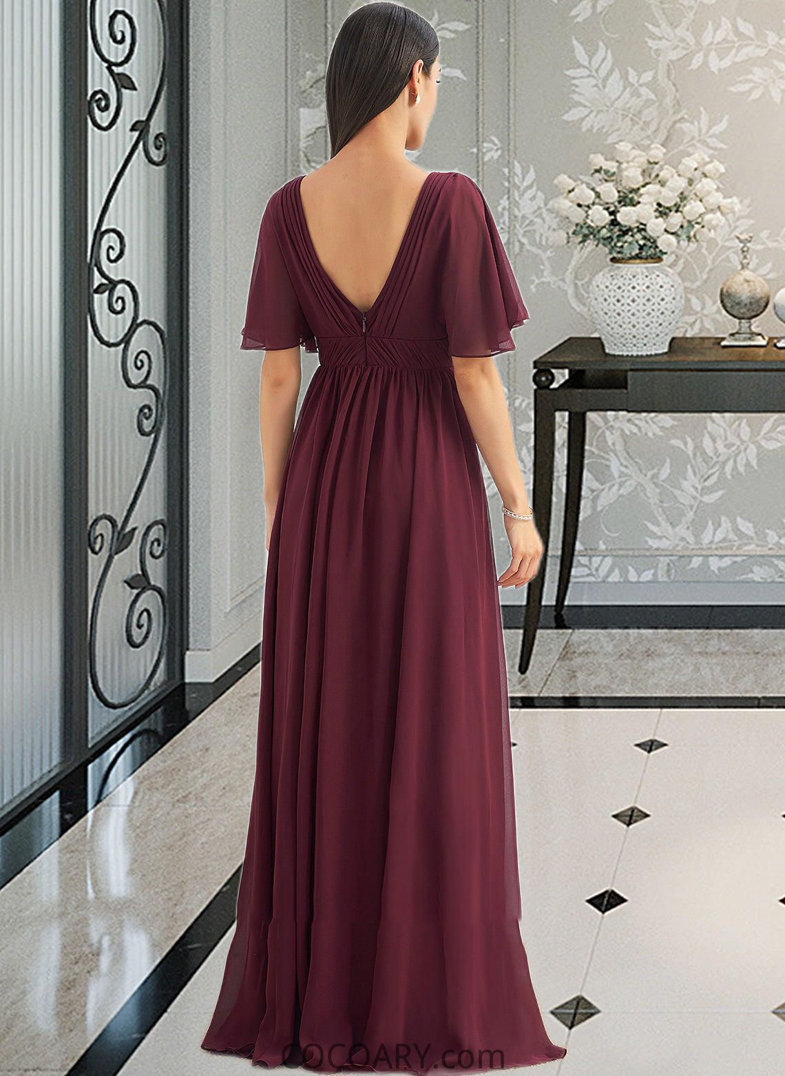 Mara A-Line V-neck Floor-Length Bridesmaid Dress With Ruffle DA8P0013292