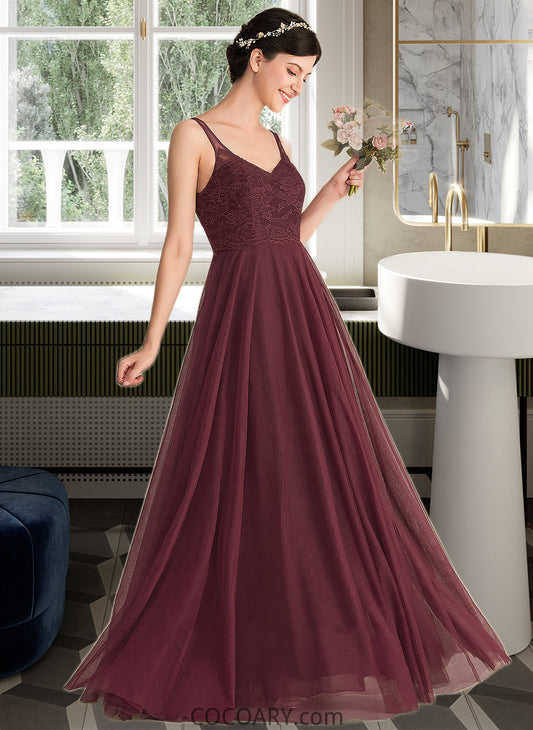 Marisol A-Line/Princess V-neck Floor-Length Tulle Lace Bridesmaid Dress DA8P0013295