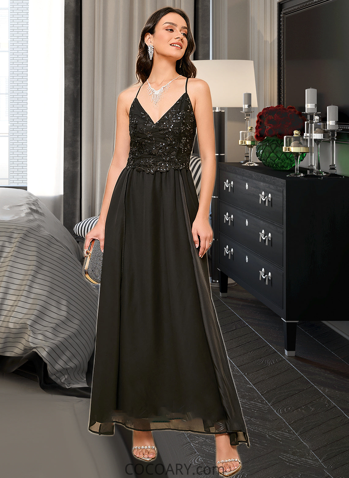 Victoria A-LineV-neckAnkle-LengthBridesmaidDressWithSequinsSplitFront#273658 DA8P0013298