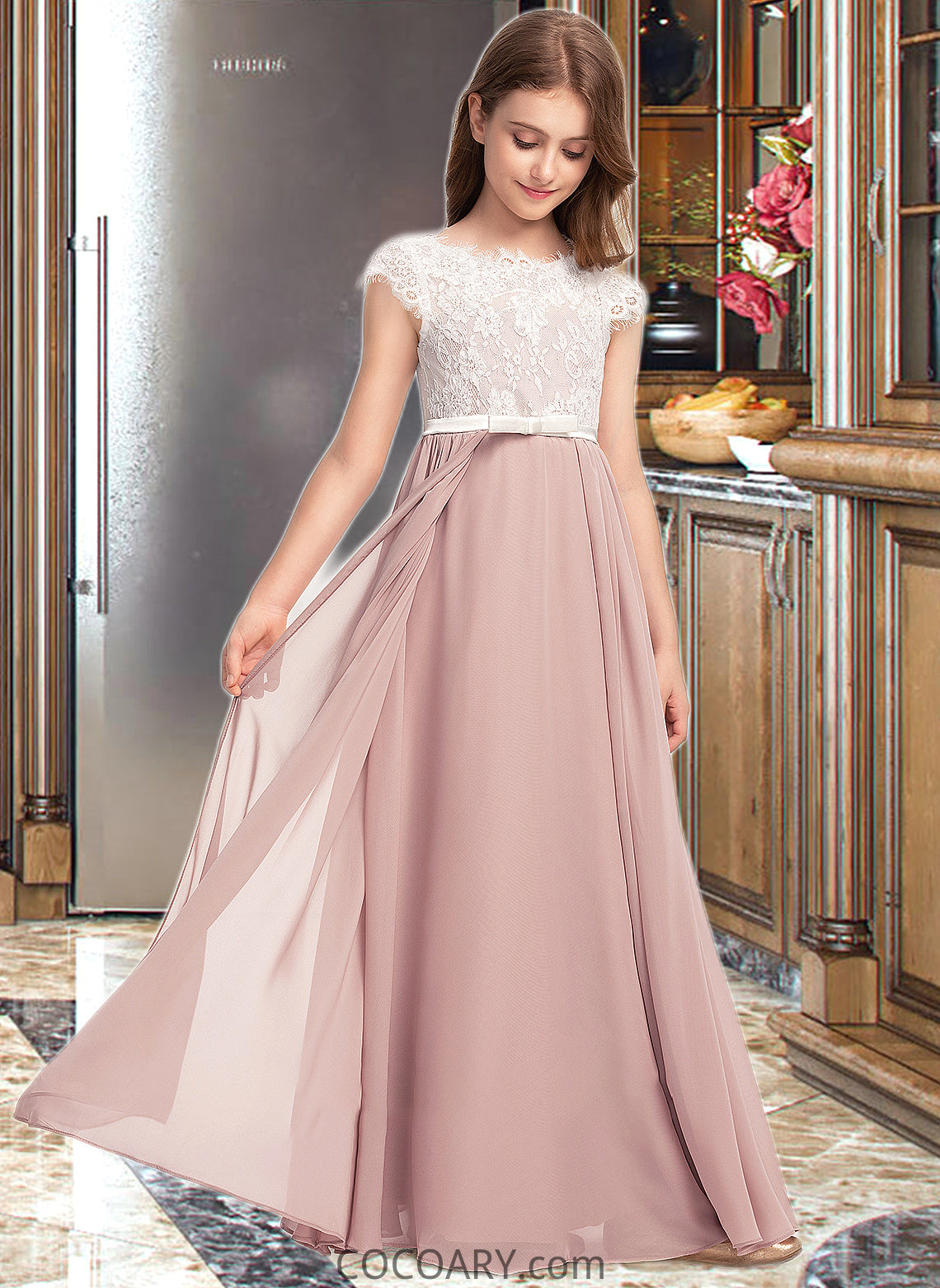 Lilith A-Line Scoop Neck Floor-Length Chiffon Lace Junior Bridesmaid Dress With Bow(s) DA8P0013305