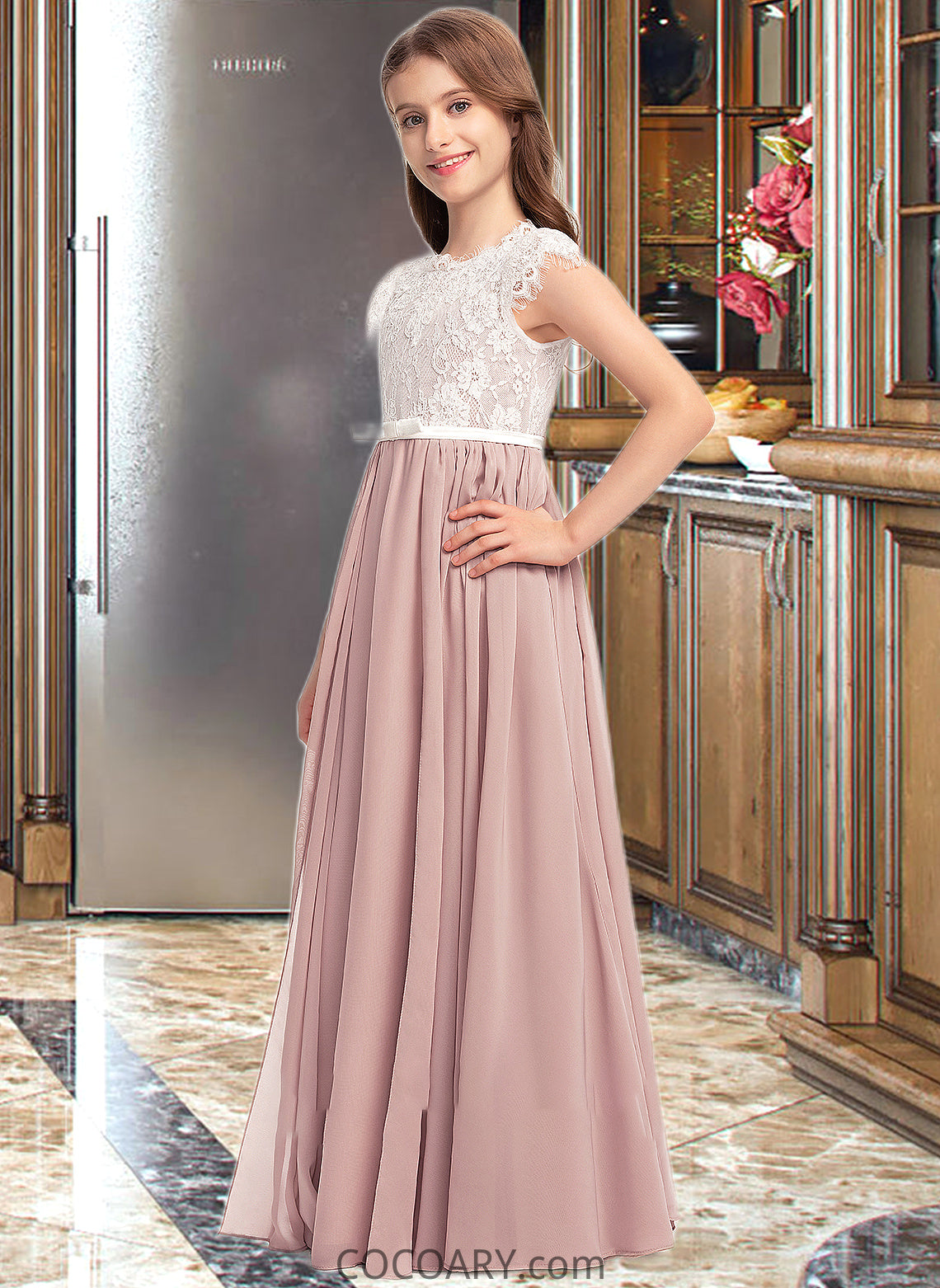 Lilith A-Line Scoop Neck Floor-Length Chiffon Lace Junior Bridesmaid Dress With Bow(s) DA8P0013305