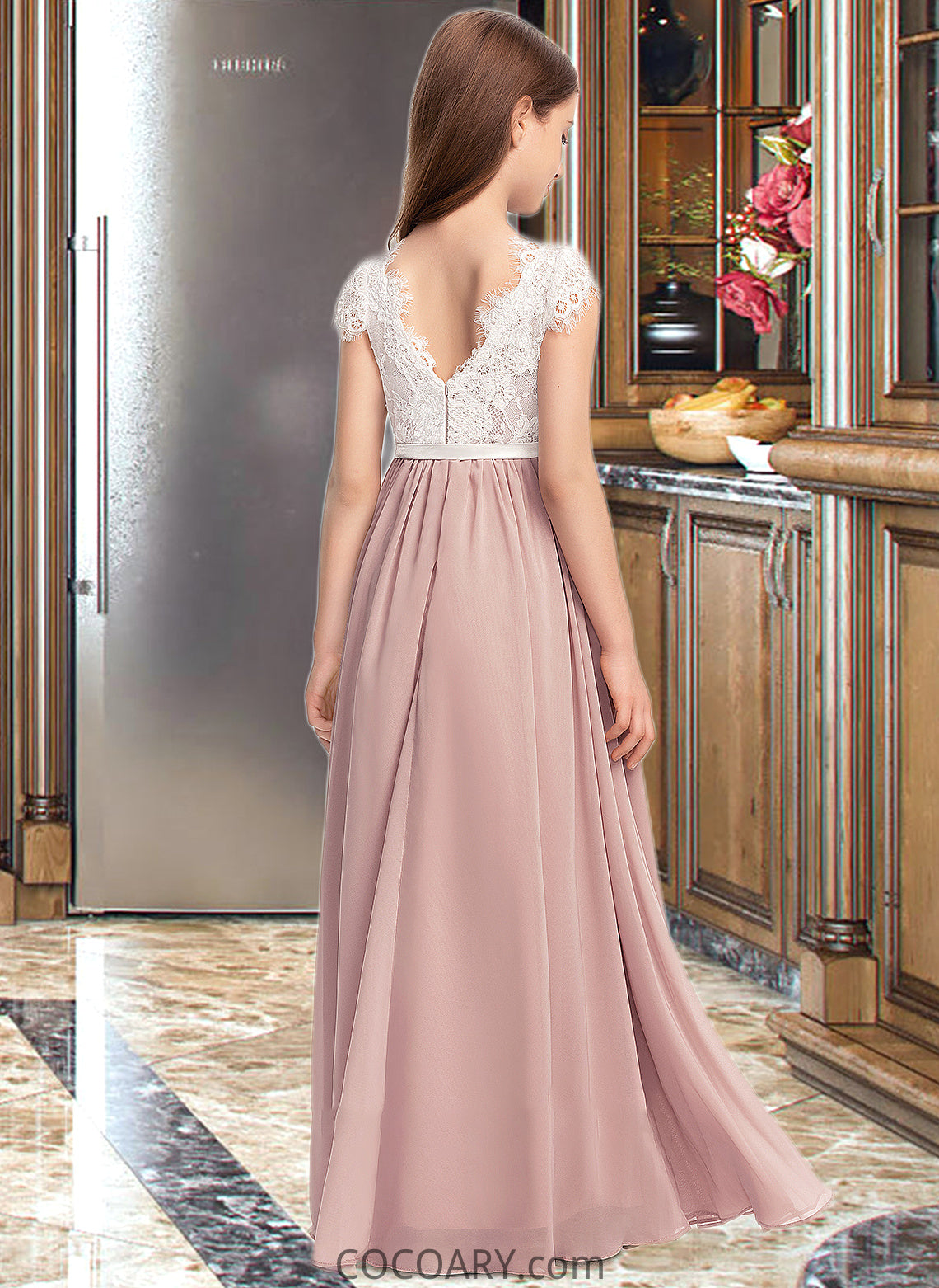 Lilith A-Line Scoop Neck Floor-Length Chiffon Lace Junior Bridesmaid Dress With Bow(s) DA8P0013305