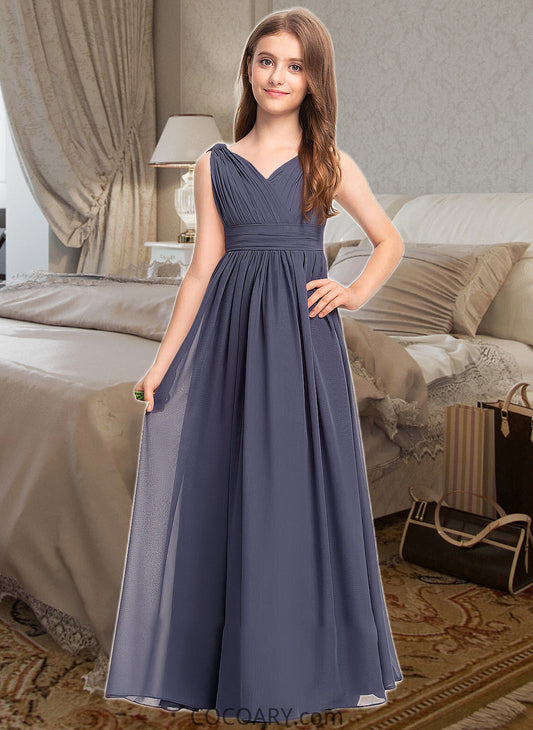 Amiah A-Line V-neck Floor-Length Chiffon Junior Bridesmaid Dress With Ruffle DA8P0013307