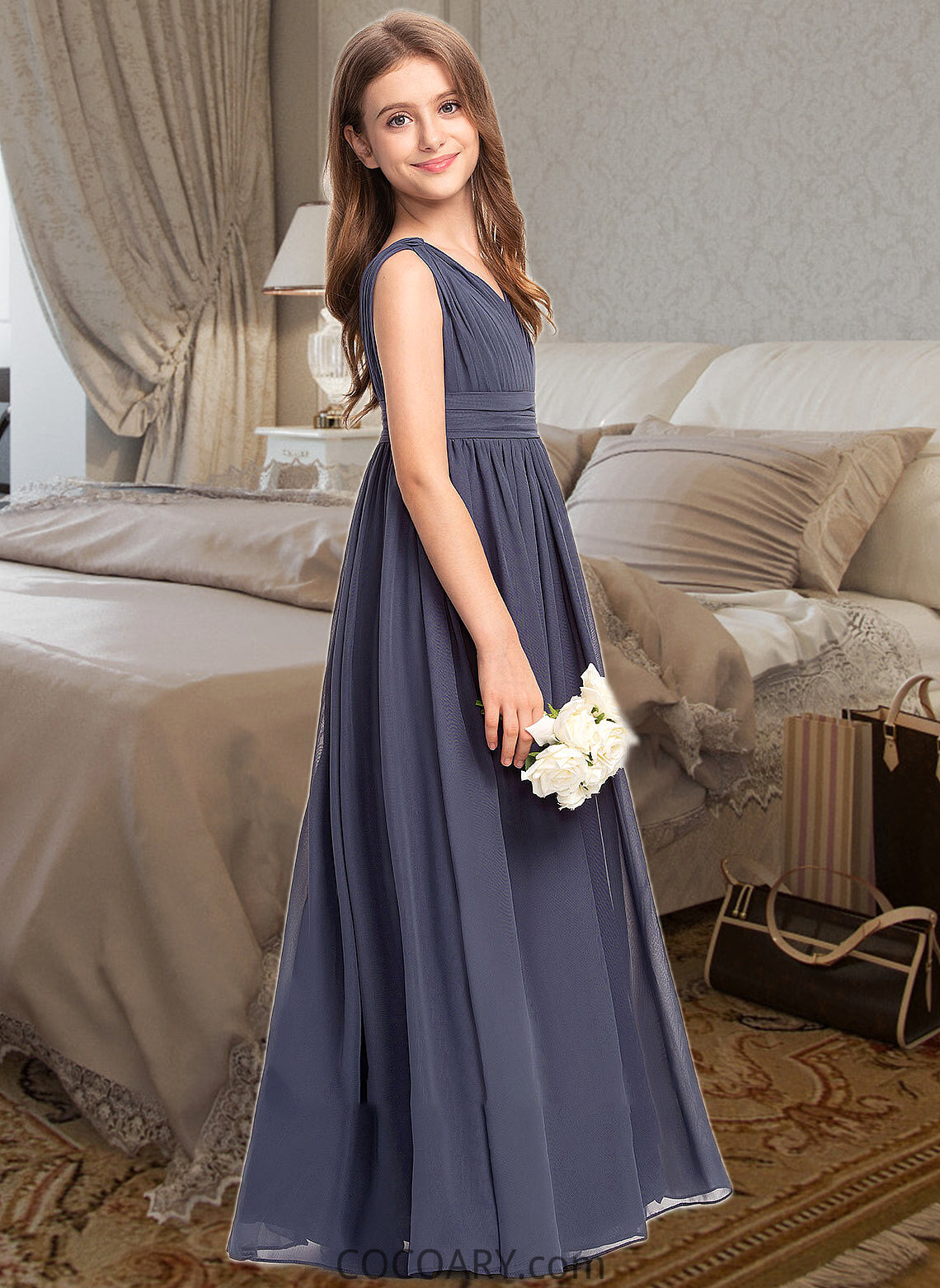 Amiah A-Line V-neck Floor-Length Chiffon Junior Bridesmaid Dress With Ruffle DA8P0013307