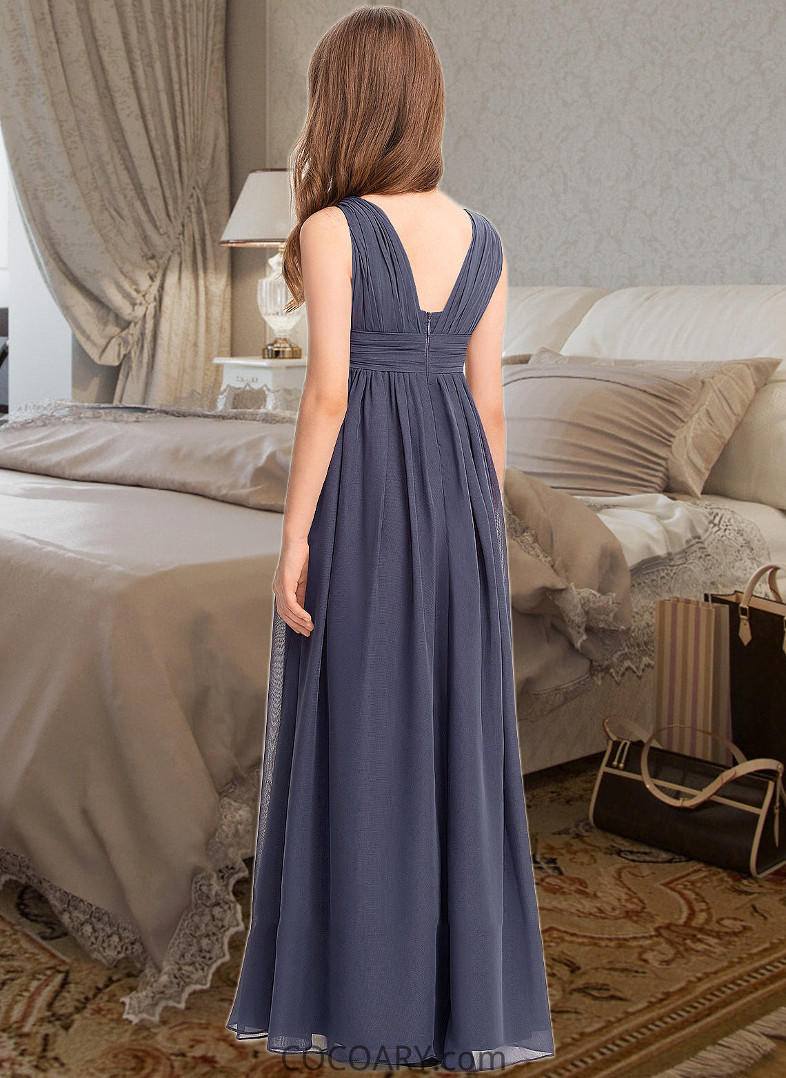 Amiah A-Line V-neck Floor-Length Chiffon Junior Bridesmaid Dress With Ruffle DA8P0013307