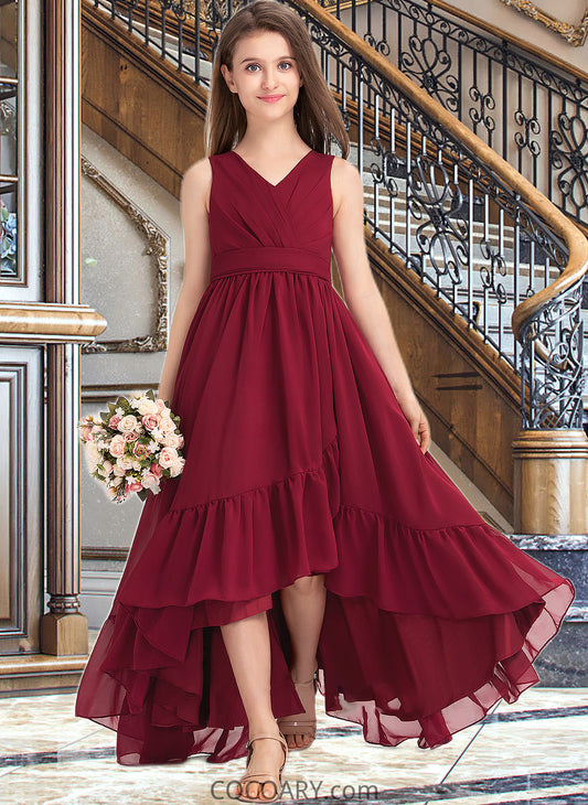 EmeryPiper A-Line V-neck Asymmetrical Chiffon Junior Bridesmaid Dress With Bow(s) Cascading Ruffles DA8P0013310