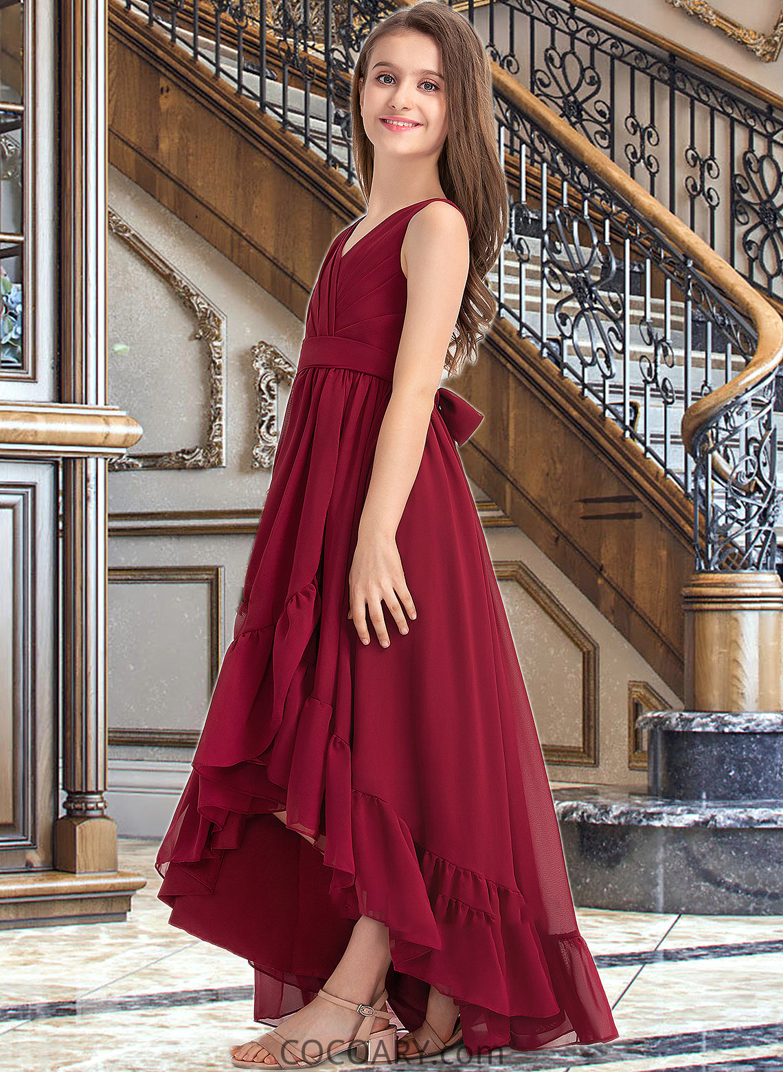 EmeryPiper A-Line V-neck Asymmetrical Chiffon Junior Bridesmaid Dress With Bow(s) Cascading Ruffles DA8P0013310