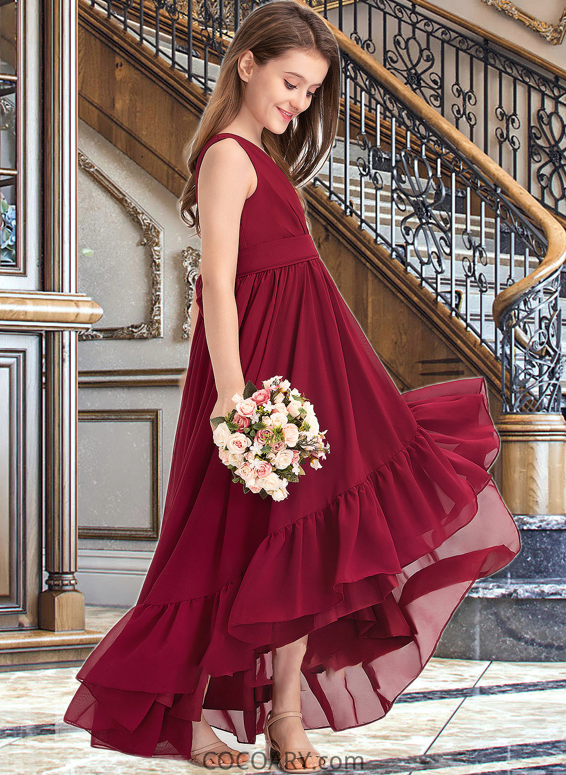 EmeryPiper A-Line V-neck Asymmetrical Chiffon Junior Bridesmaid Dress With Bow(s) Cascading Ruffles DA8P0013310