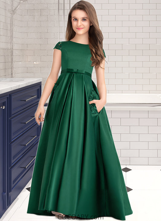 Judith Ball-Gown/Princess Scoop Neck Floor-Length Satin Lace Junior Bridesmaid Dress With Bow(s) Pockets DA8P0013311