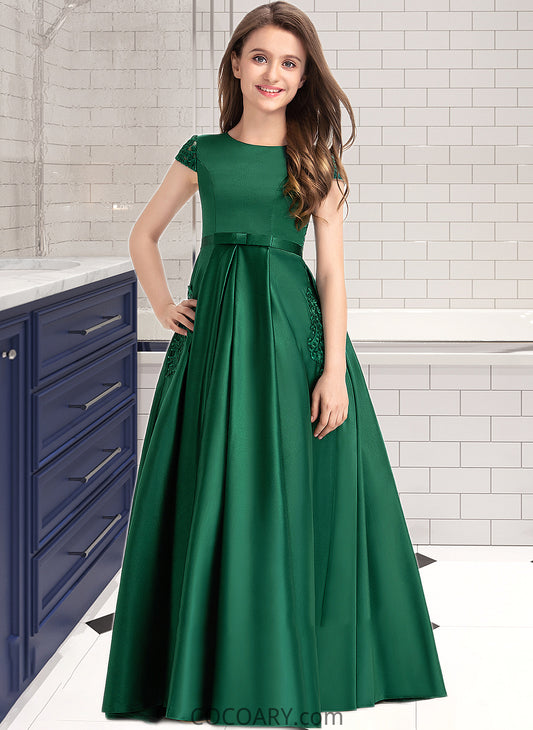 Judith Ball-Gown/Princess Scoop Neck Floor-Length Satin Lace Junior Bridesmaid Dress With Bow(s) Pockets DA8P0013311