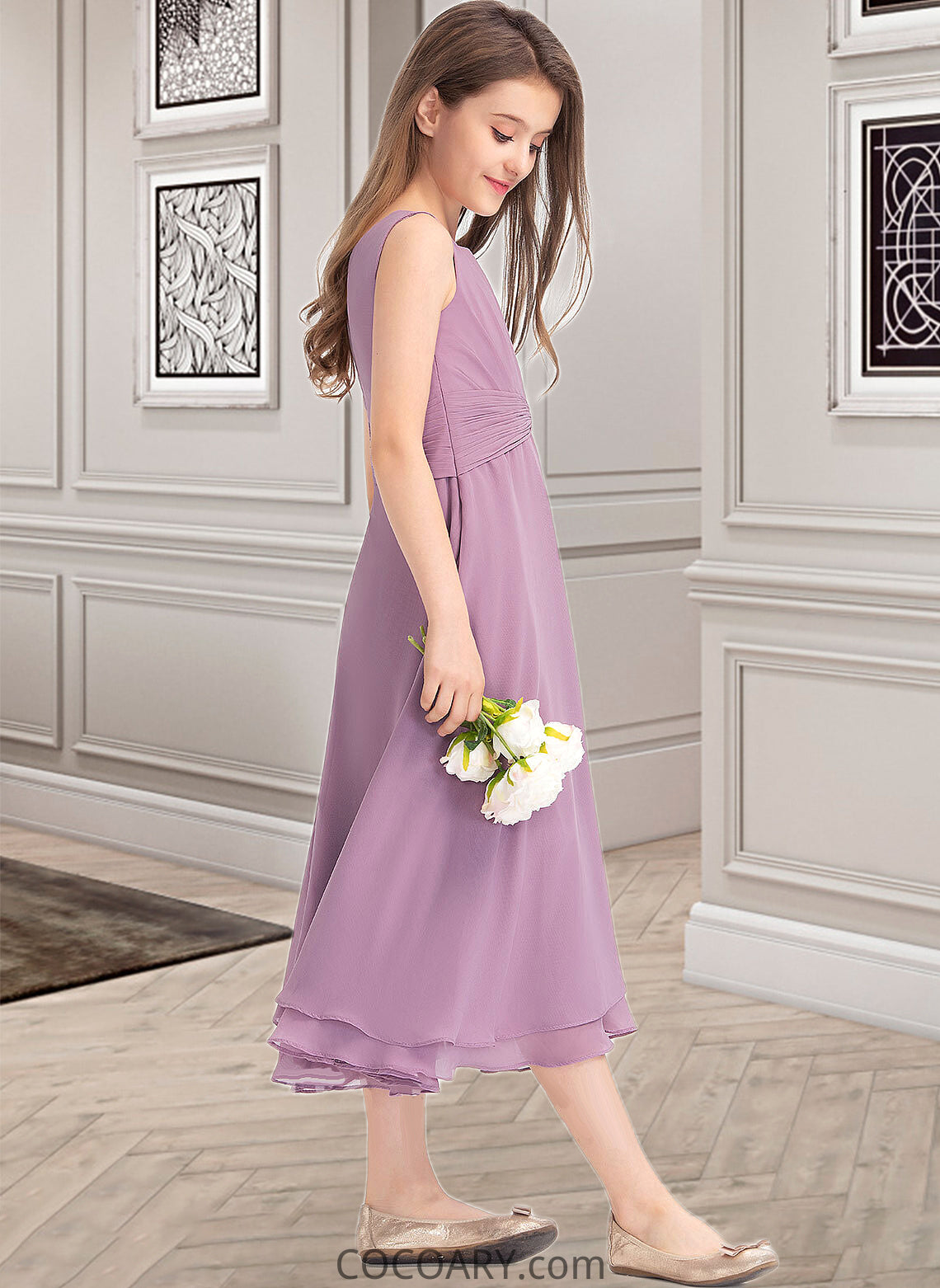 Susan A-Line Scoop Neck Tea-Length Chiffon Junior Bridesmaid Dress With Ruffle DA8P0013317