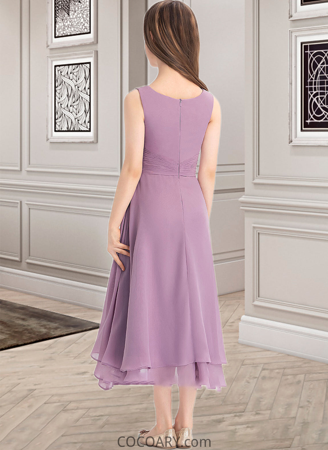 Susan A-Line Scoop Neck Tea-Length Chiffon Junior Bridesmaid Dress With Ruffle DA8P0013317