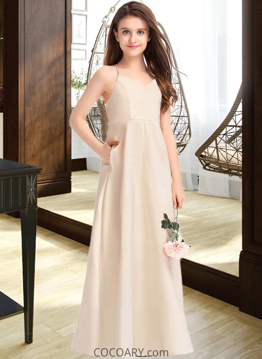 Maggie A-Line V-neck Floor-Length Satin Junior Bridesmaid Dress With Pockets DA8P0013319