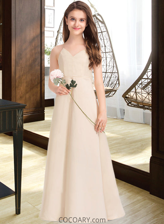 Maggie A-Line V-neck Floor-Length Satin Junior Bridesmaid Dress With Pockets DA8P0013319