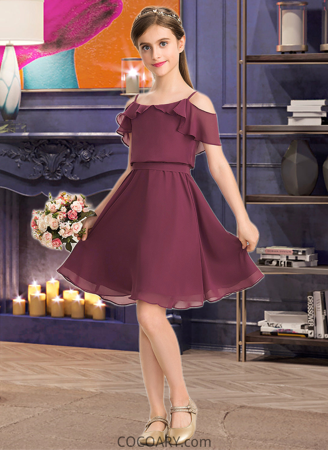 Haylee A-Line Off-the-Shoulder Knee-Length Chiffon Junior Bridesmaid Dress With Bow(s) Cascading Ruffles DA8P0013322