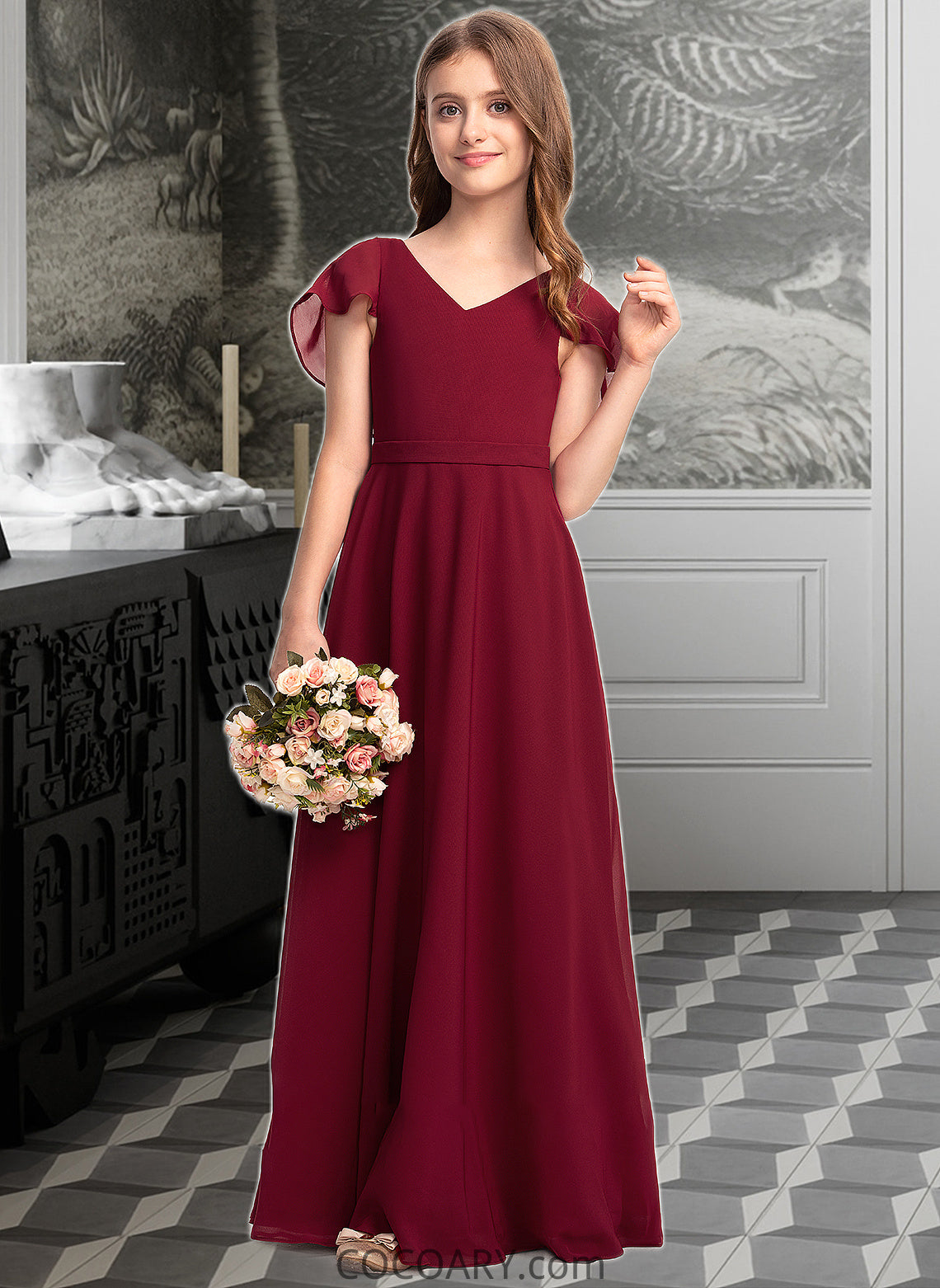 Payton A-Line V-neck Floor-Length Chiffon Junior Bridesmaid Dress With Cascading Ruffles DA8P0013327