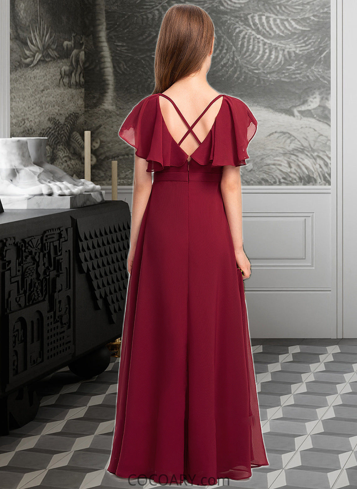 Payton A-Line V-neck Floor-Length Chiffon Junior Bridesmaid Dress With Cascading Ruffles DA8P0013327